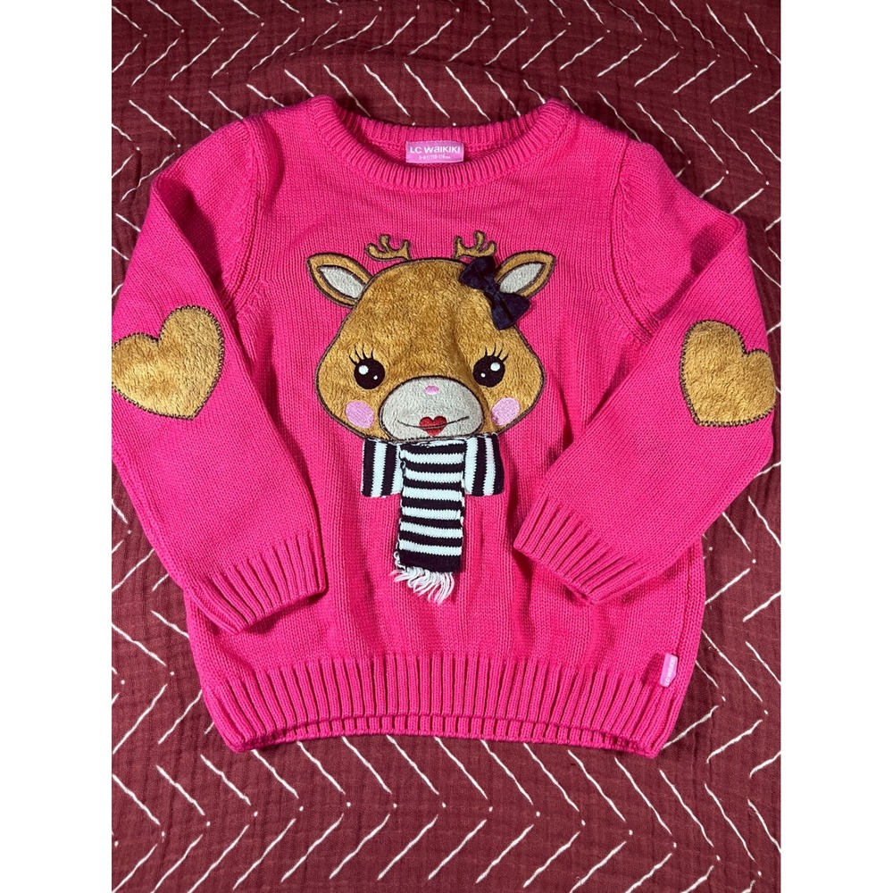 LC Waikiki Girls 5-6Y 110-116cm Pink Reindeer Heart‎ Elbow Patch Knit Sweater